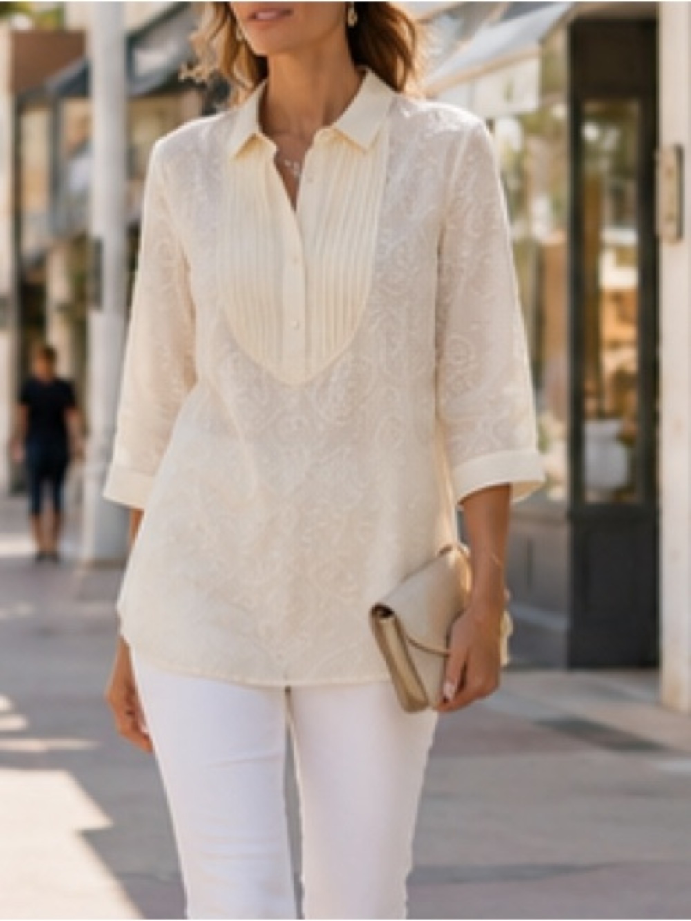 J. McLaughlin Colette silk tunic cream pintuck Swiss dot 3/4 sleeves Size S